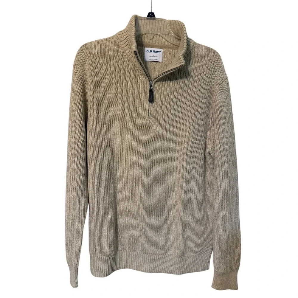 Old Navy Quarter Zip Sweater Mens Medium Tan Ribbed Cotton Pullover Grandpa Core